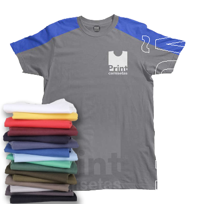 Camiseta cinza Print Camisetas com pilha de camisetas coloridas.